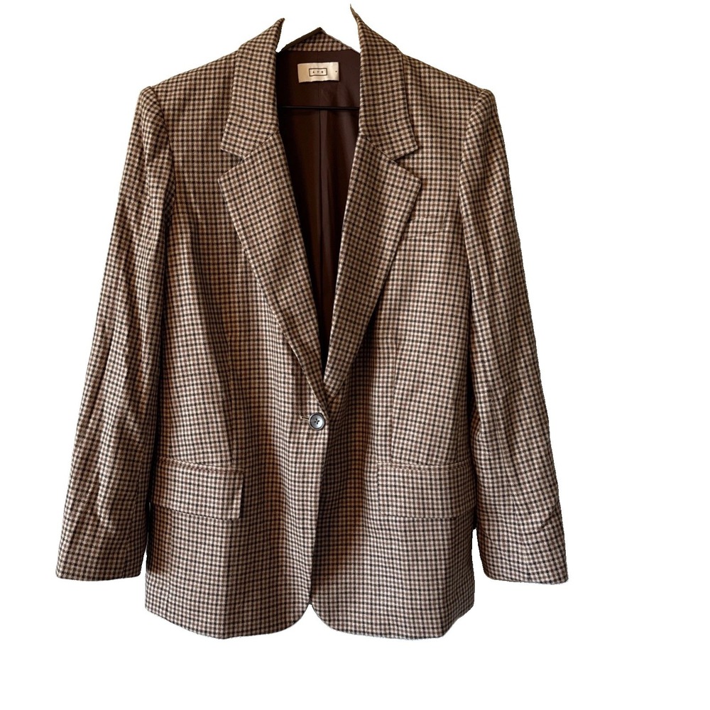 AYR Brown Houndstooth Oversized Wool One-Button Blazer E2050 Women Size Small